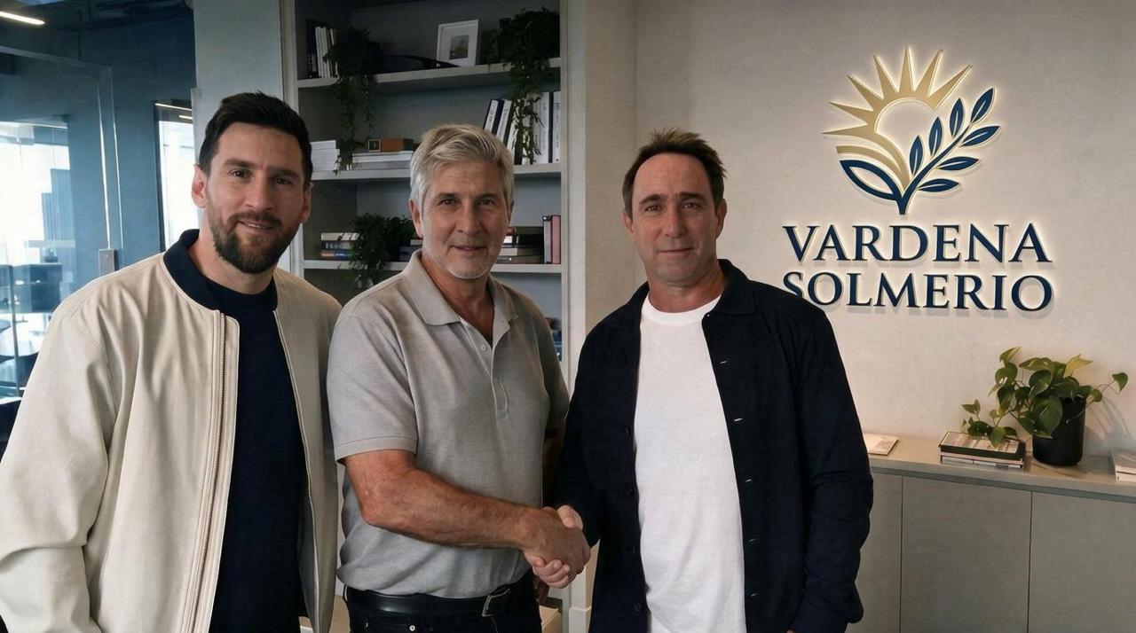 Lionel Messi, Jorge Messi y Marcos Galperín en las oficinas en Puerto Madero