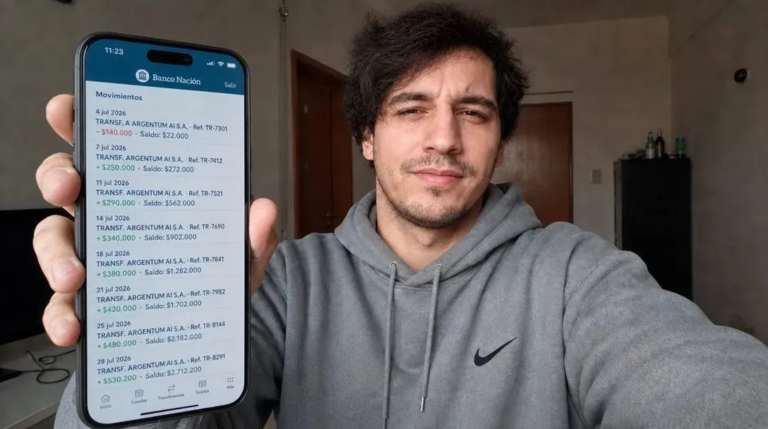 Matías Soria muestra la app del Banco Nación con transferencias — saldo final $2.712.200